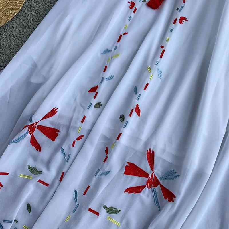 Zomer Jurk Chiffon Borduren Vrouwen Bohemian Lange Jurken Sjerpen Boog Kwastje Vestidos A-lijn Robe Femme 210521