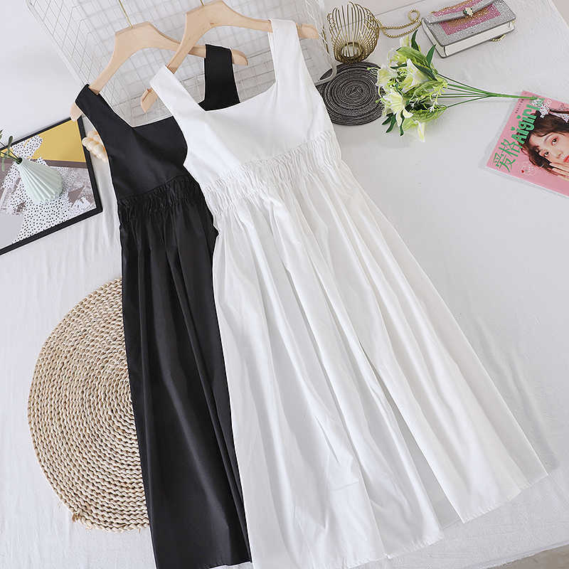 LY VAREY LIN Summer Women Fashion Solid Color White Black Sleeveless Medium Long Dress Female Casual High Waist Bow Vest 210526