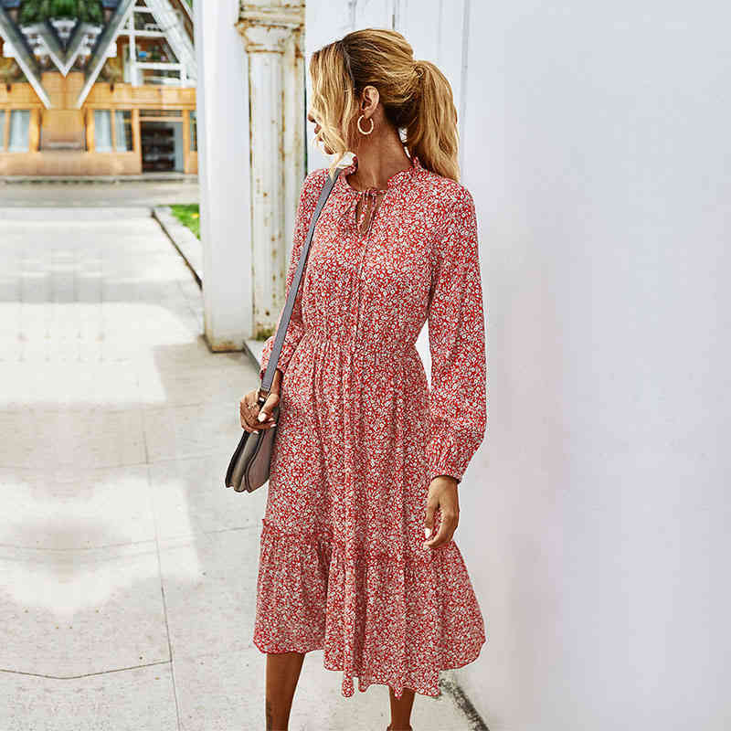 Autumn Winter Ladies Casual Floral Print Dress Women Full Sleeve Lace Up V-neck High Wasit Long Vintage Dress Female New 210325