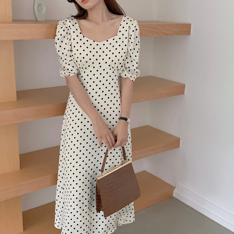 Polka Dot Women Dress Summer Robe A Line Korean Temperament Vestidos Mujer Vintage Office Lady Slim Elegant Maxi Dresses 210519