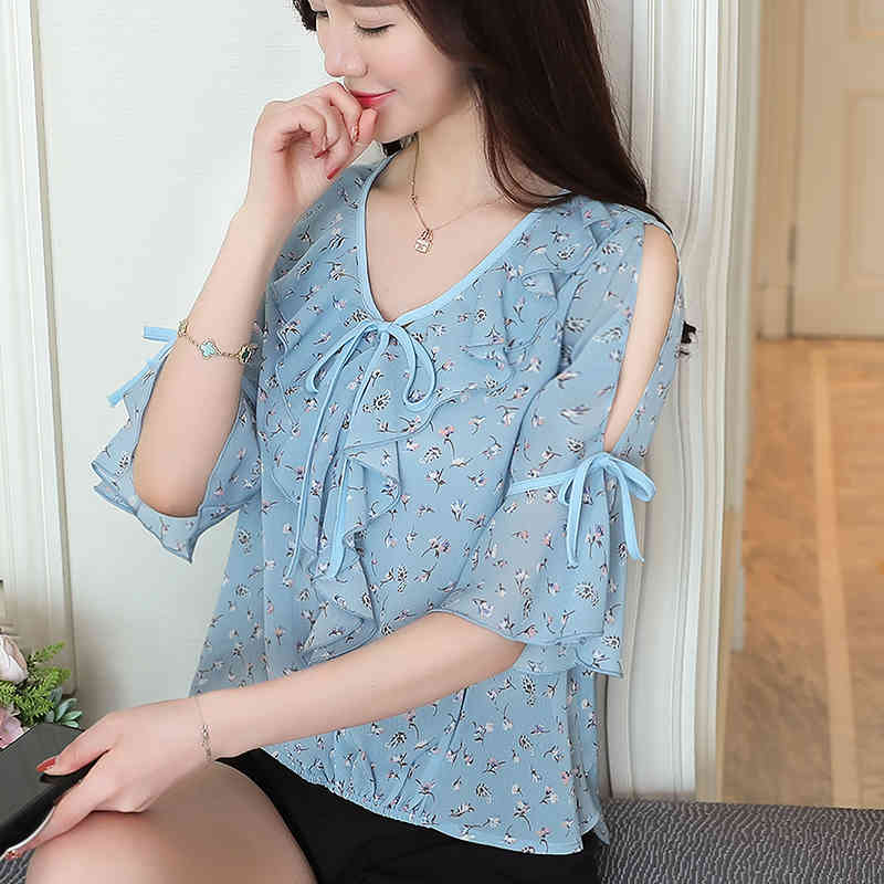 summer fashion printed blouse shirt women tops short sleeved blouses bow sweet flare sleeve chiffon shirts 0527 40 210506