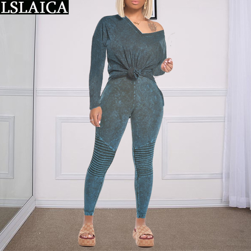 Womens 2 Piece Outfit Set Fashion Print V Neck Top Woman Pants Tracksuit Ruched Casual Autumn Homewear Women 210520