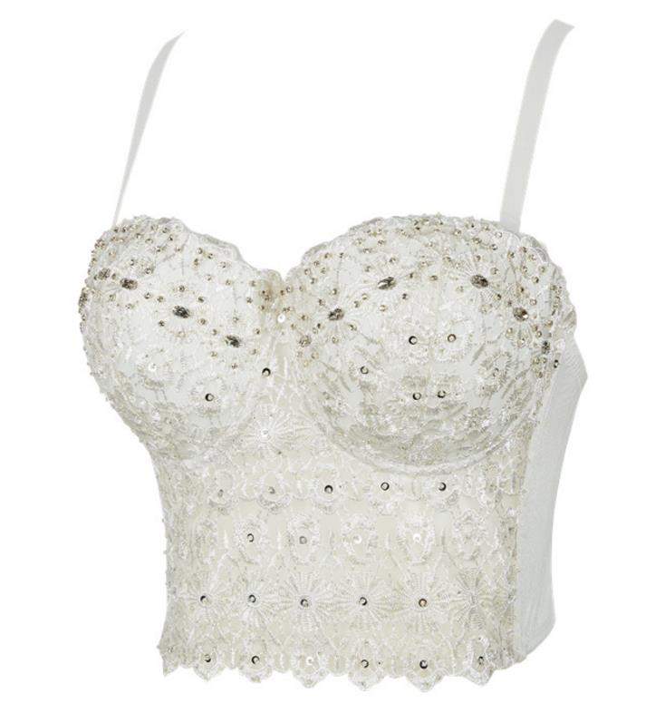 Women's Lace Rhinestone Bustier Crop Top Camis Clubwear Sexy Mesh Corset Push Up Bra Fashion Tanks Champagne Black White XS-L