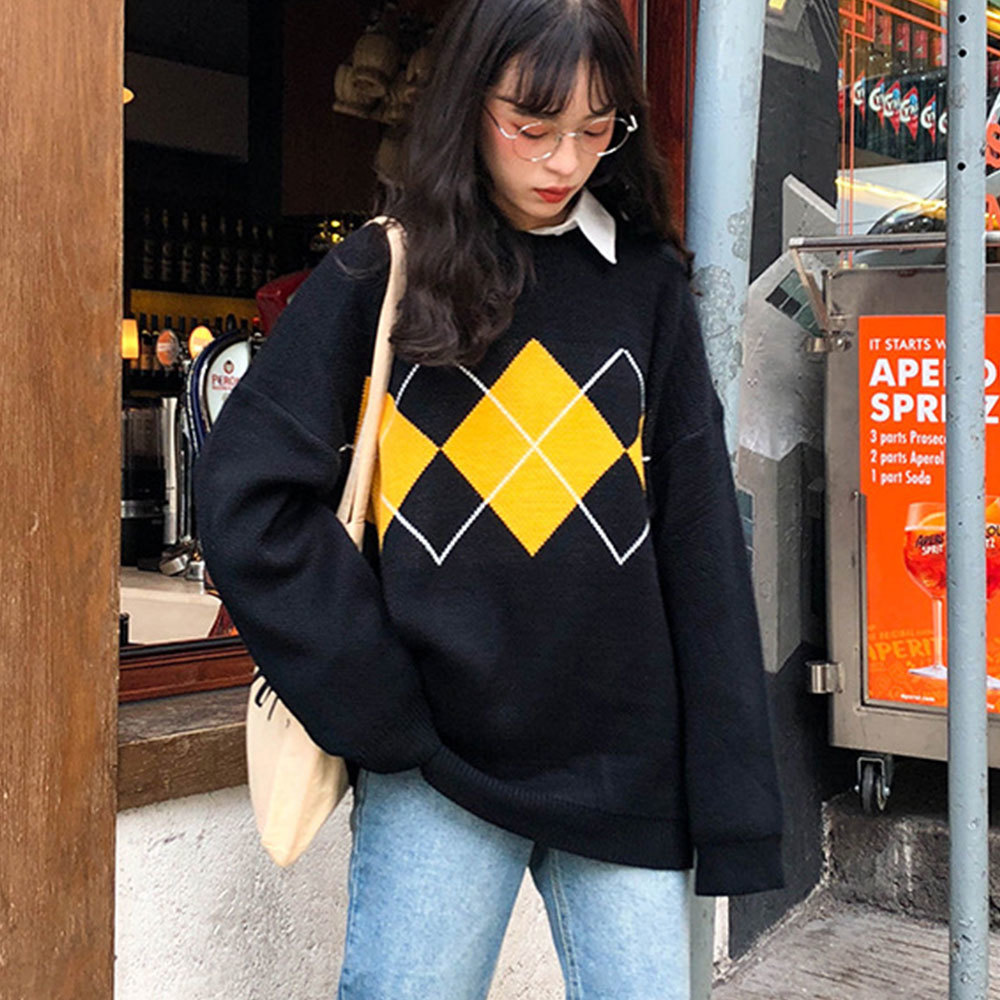 Geometric Pattern Hit Color Knitted Sweater Casual Long Sleeve O Neck Loose Pullover Korean Vintage Jumpers Women Winter Tops 210428