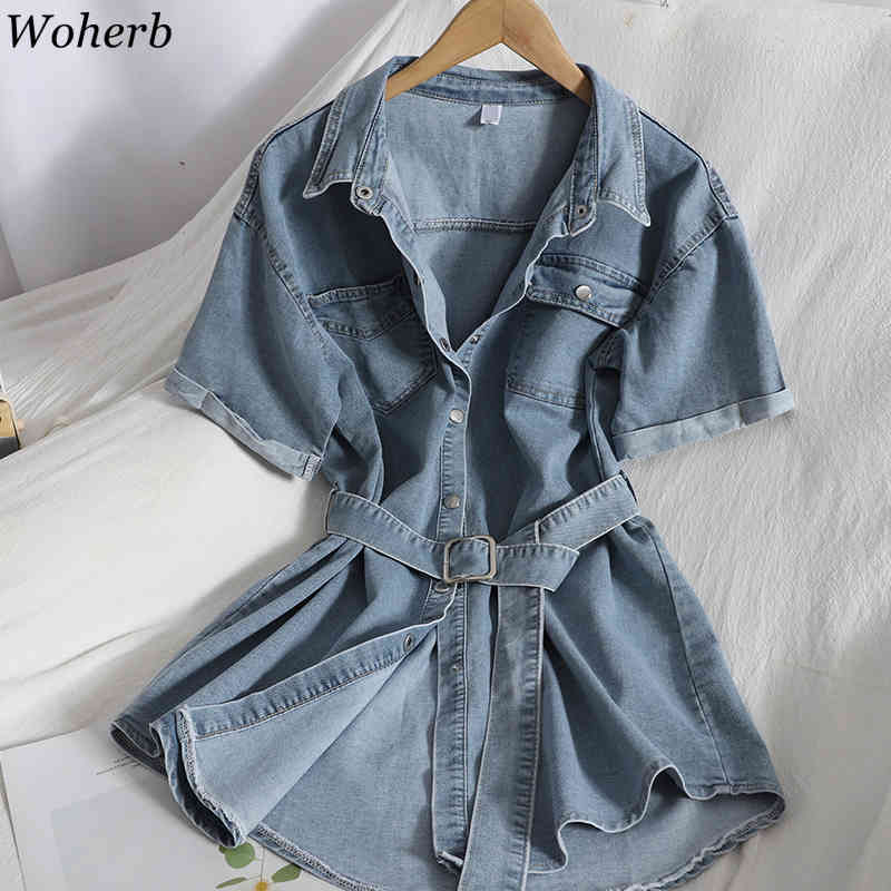 Fashion Denim Mini Dress Women Casual All Match Summer Korean Vestidos Slim Fit Pocket Bodycon Short Sleeve Shirt Dresses 210519