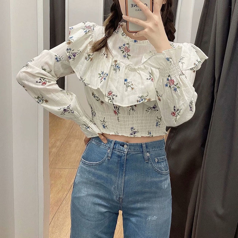 Shirt Blouse Women Chemise Damen Pullover Ruffle Top Manga Larga Femme Manche Longue Blusas Blanche De Verano Camisas Printing 210521