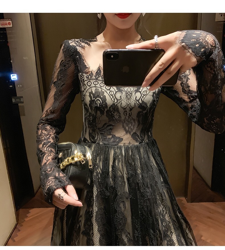 victorian sttylish black lace square collar gothic A-line midi dresses for women party casual high waist dress vestidos 210421