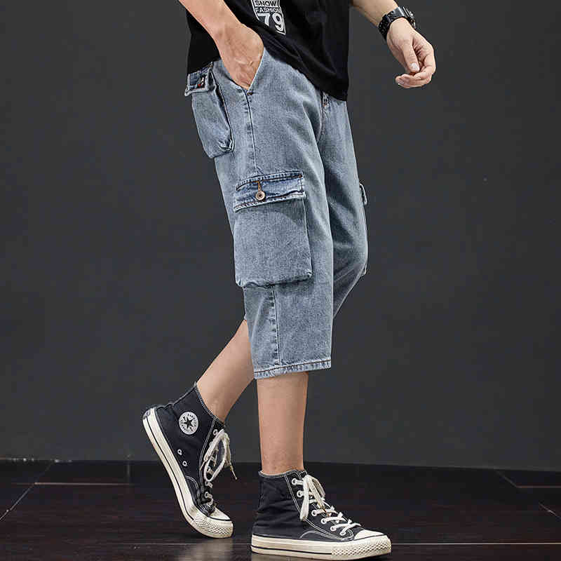 Jeans Shorts Men's Summer Breeches Multi Side Pocket Casual Bermuda Male Straight Long Blue Denim Loose Cargo Shorts Men 210518