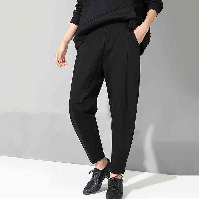 Spring Autumn High Elastic Waist Black Loose Patchwork Split Joint Brief Pants Women Trousers Fashion JQ013 211115