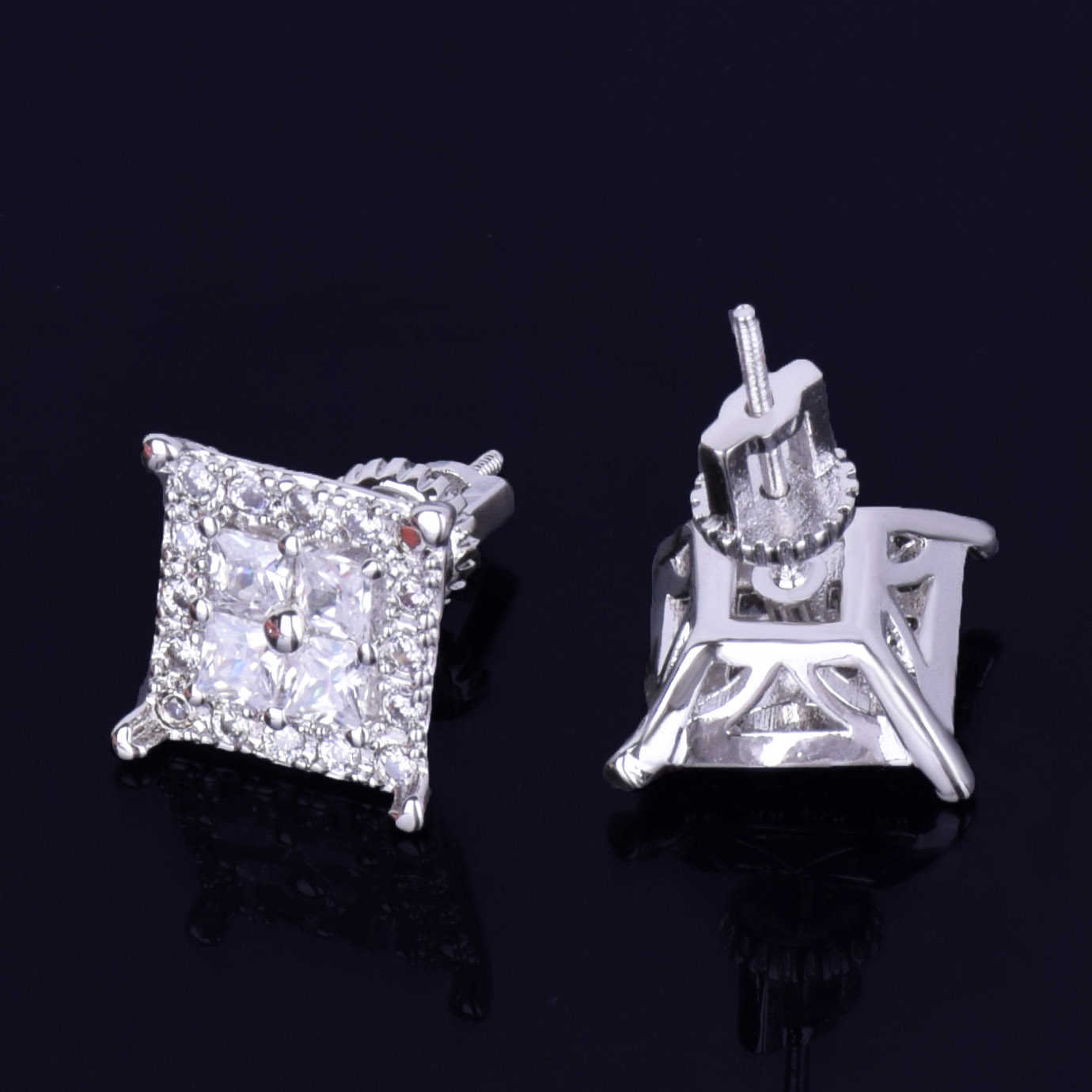 12MM Square Baguette Zircon Stud Earring Silver Color Charm Screw Back Women Men's Earrings Fashion Hip Hop Jewelry 211009