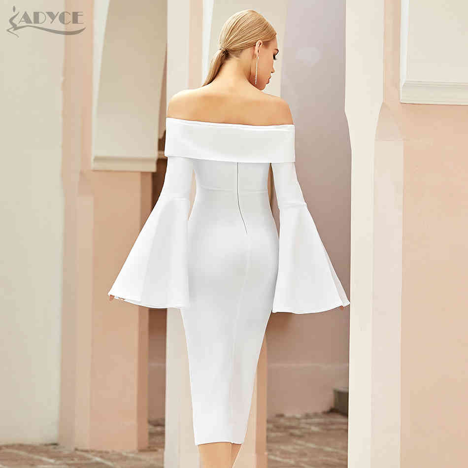Winter Off Shoulder Long Flare Sleeve Club Bandage Dress Sexy Women White Bodycon Celebrity Runway Party Dresses 210423