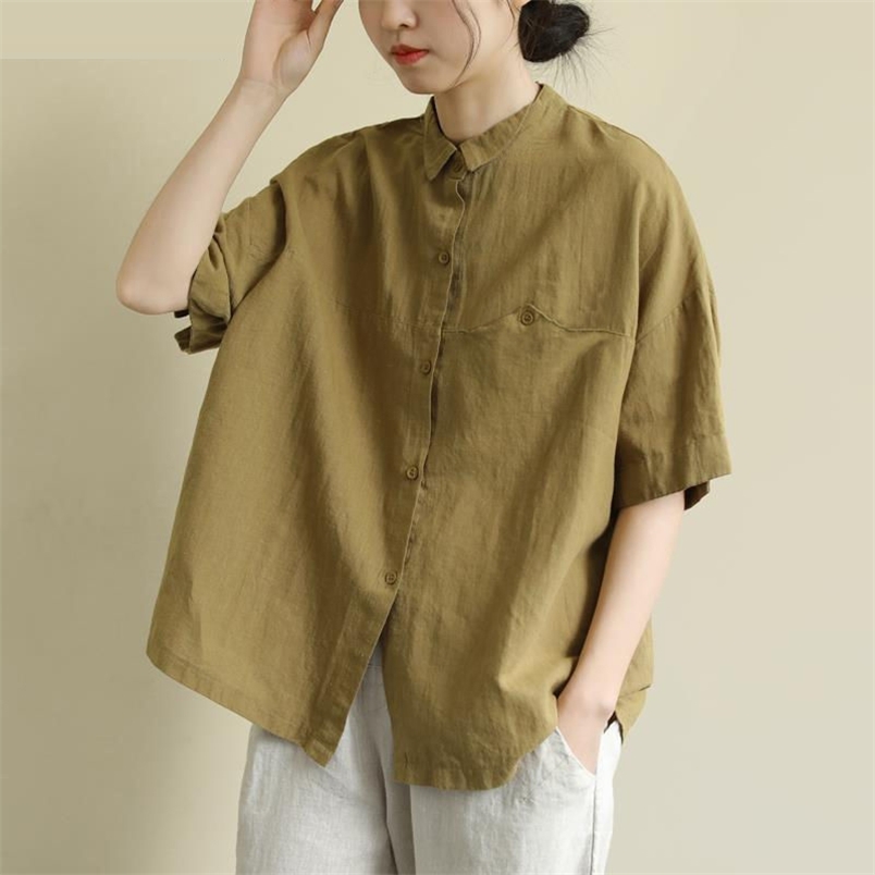 Arrival Summer Arts Style Women Short Sleeve Vintage Cotton Linen Shirt Loose Casual Turn-down Collar Blouses Plus Size S935 210512