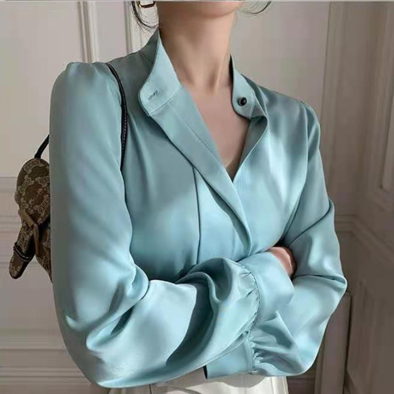 Silk Satin Women Blouse and Tops Office Lady Solid Stand Collar Shirts Plus Size Loose Puff Sleeve Clothing 13221 210508