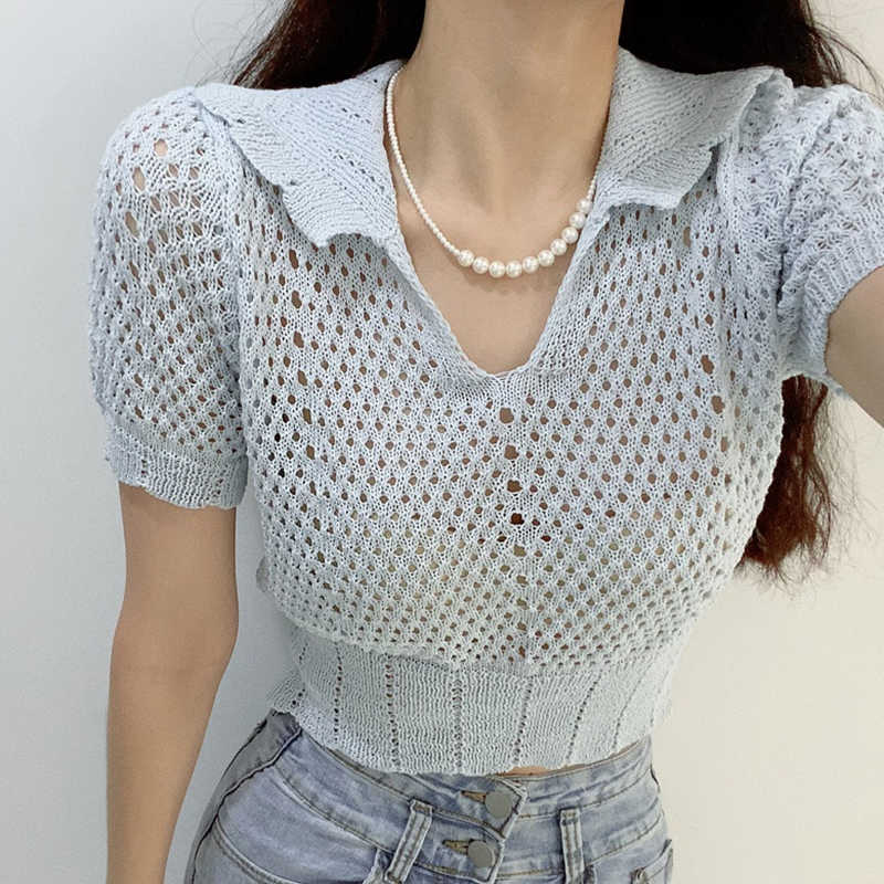 Korejpaa Women T-Shirt Summer Korean Chic Temperament Age-Reducing Lapel Mesh Hollow Perspective Sunscreen Knitted Pullover 210526