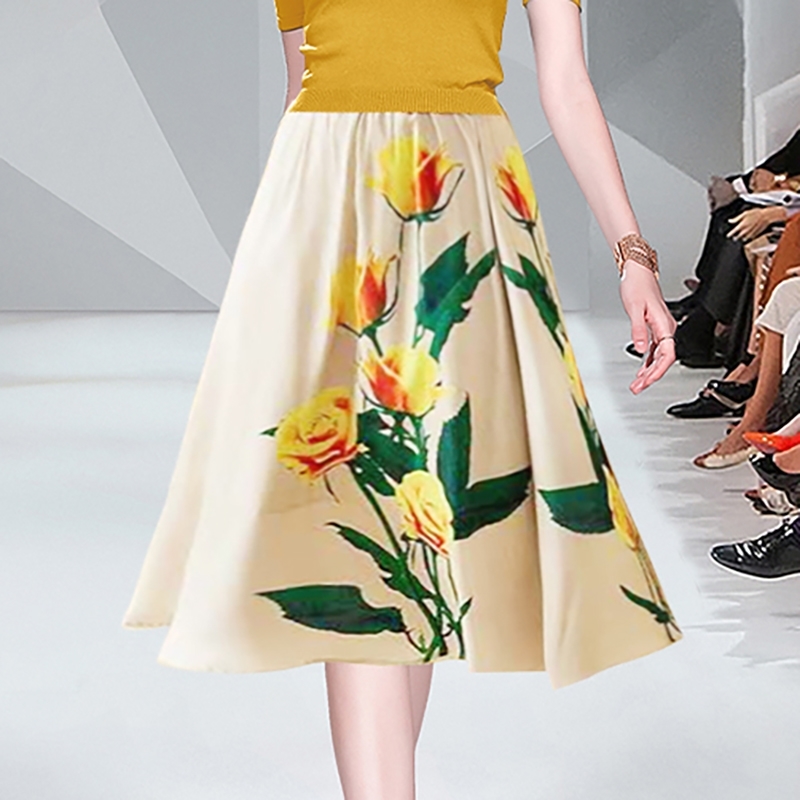 2 Piece Set Runwy Women Summer pullovers V Neck Knit Tops + Vintage Retro Print Floral Mid-Calf Ladies Skirt Suits 210506