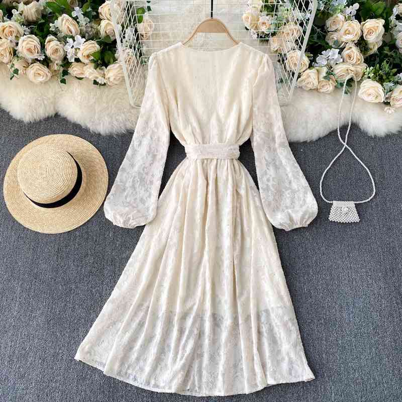 FLF Spring Autumn V Neck Solid Puff Sleeve A Line Dress Vintage Full High Waist Mid-Calf Women Floral Print Dresses 210521