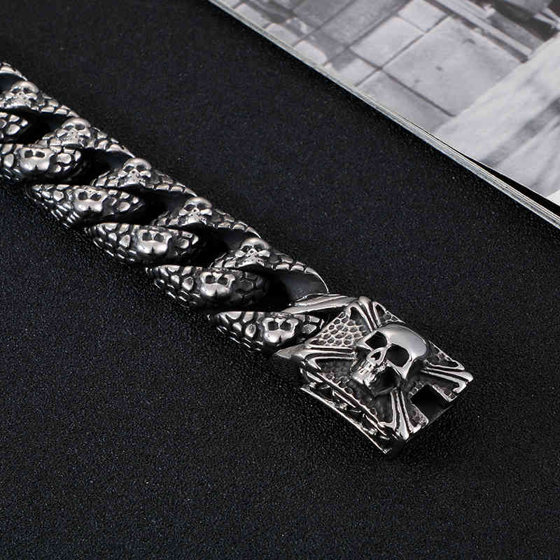 Fongten Gothic Retro Style Mens Bracelets Stainless Steel Skull Franco Link Curb Chain Bracelet For Men Punk Fashion Jewelry 210323