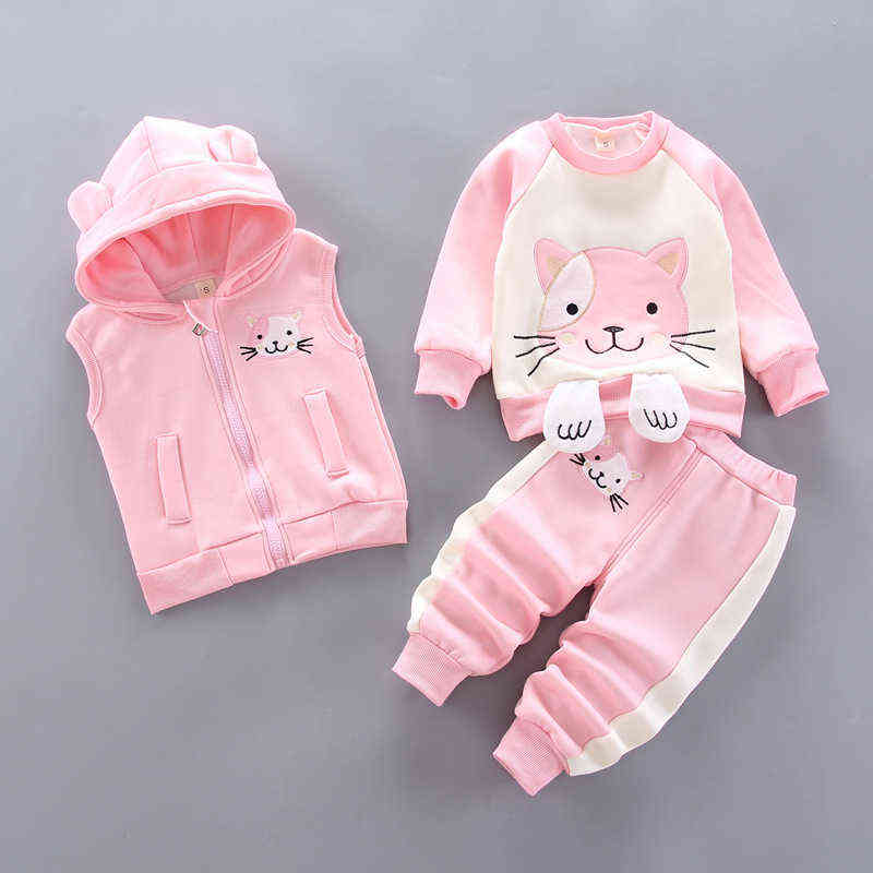 Baby Girl Clothes For Children Clothing Sets Vest+Coat+Pant 3 Picecs Boy Set Cartoon Bear Girls 1-4 Age 211104