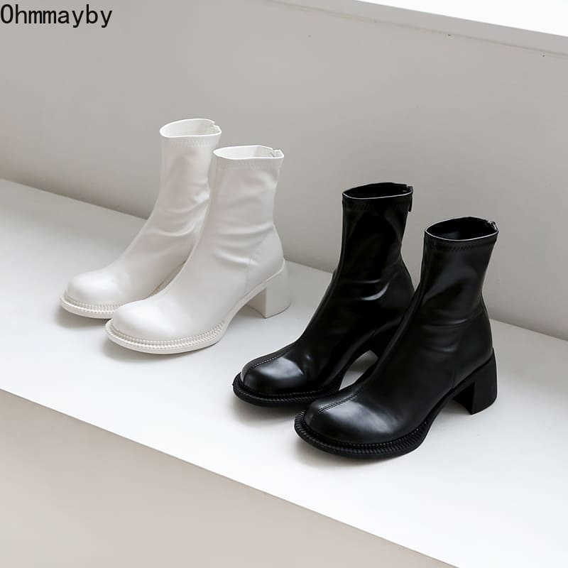 Women Ankle Boots Woman Square High Heel Fashion Zipper Women's Shoes 2021 Autumn Winter Soft Leather White Short Female Booties Y0905
