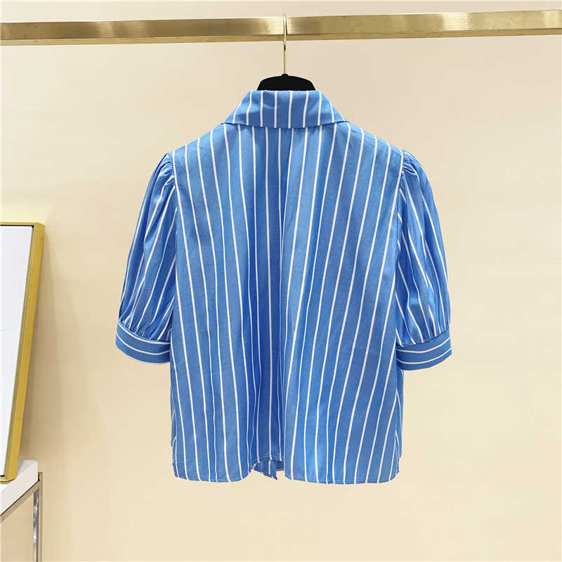 Blue Vertical Stripe Pocket Bead Short Sleeve Loose Turn-down Collar Shirts Womens Tops 210615