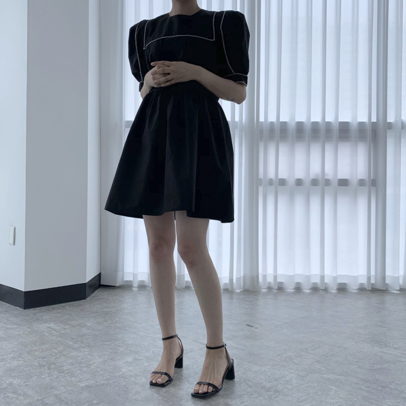 Nomikuma Korea Chic O-neck Woman Dress Hit Color Patchwork Puff Short Sleeve Dresses Causal High Waist A-line Vestidos 6F994 210427
