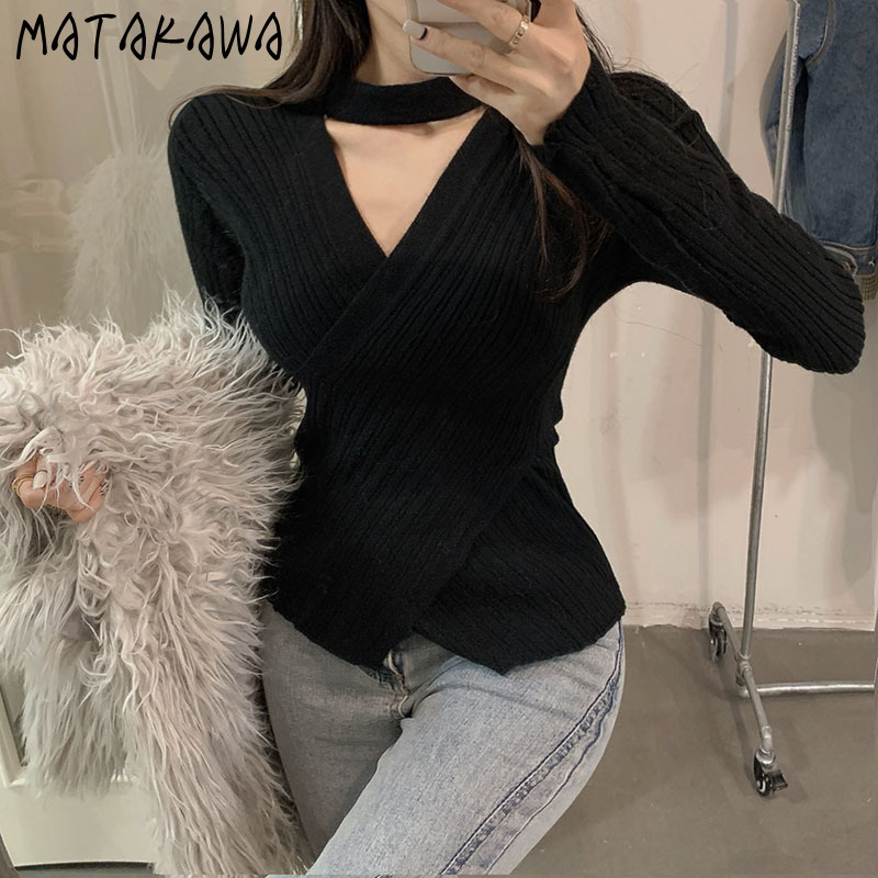 MATAKAWA Bottoming Top Korean Style Solid Woman Sweaters V-neck Halter Slim Knit Sweater Women 210513