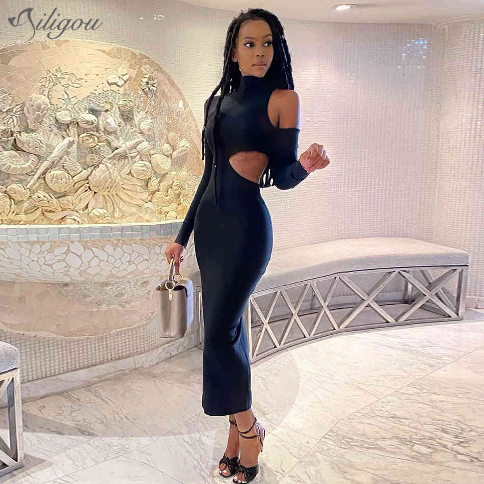 Summer Elegant Long Sleeve Strapless Hollow Black Midi Bodycon Ladies Bandage Dress Sexy Party Vestidos 210525