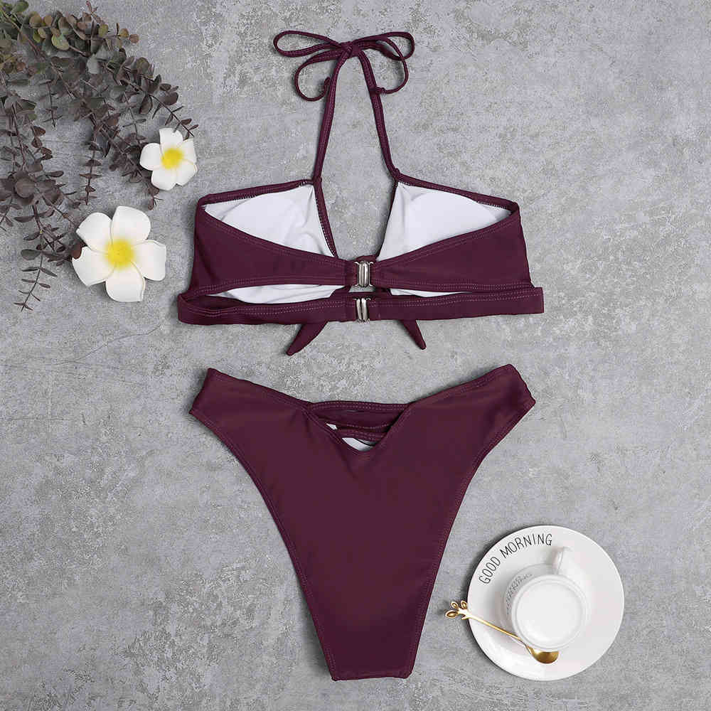 Push-Up Two Pieces Women Tie Front High Waist Bandage Bikini Set Swimsuit Swimwear Bathing Suit Beach Wear Biquini 210520