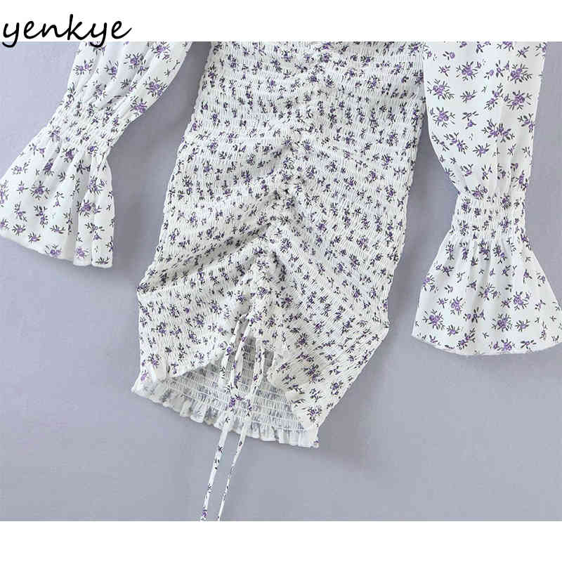 Sweet Floral Print Elastic Sexy Dress Women Long Sleeve V Neck Front Drawstring Bodycon Mini Summer Party Vestido 210430