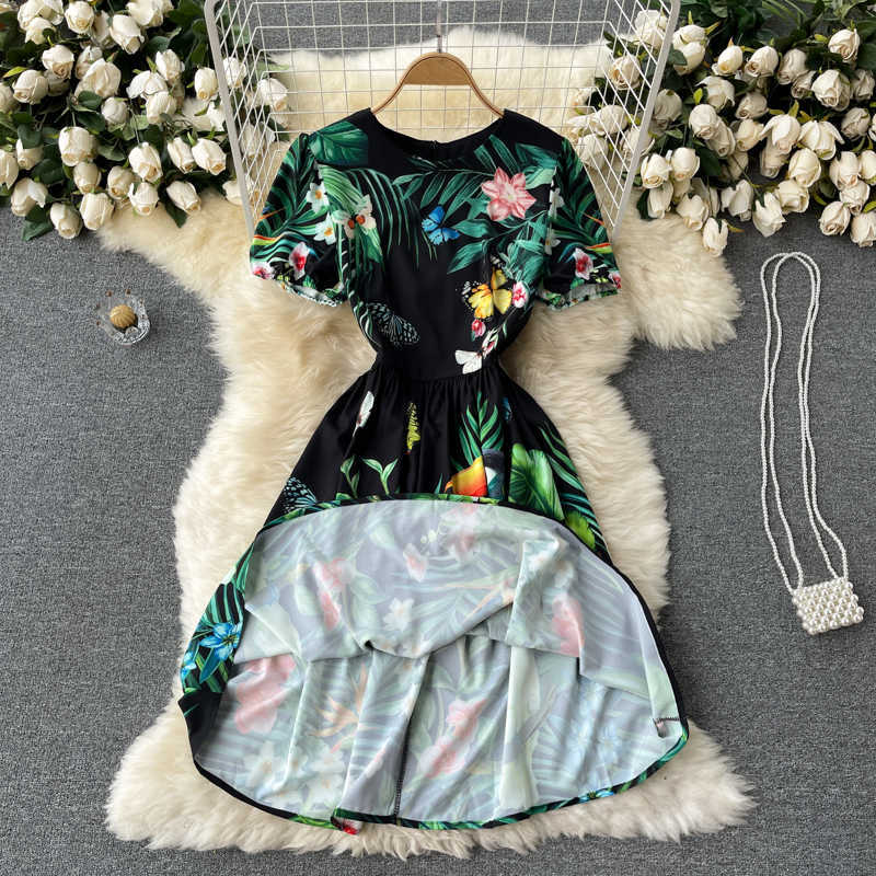 DEAT Women Printing Sandy Beach Dress Round Neck Short Sleeve Arrivals Lady Temperament Fashion Spring Summer 11D610 210709
