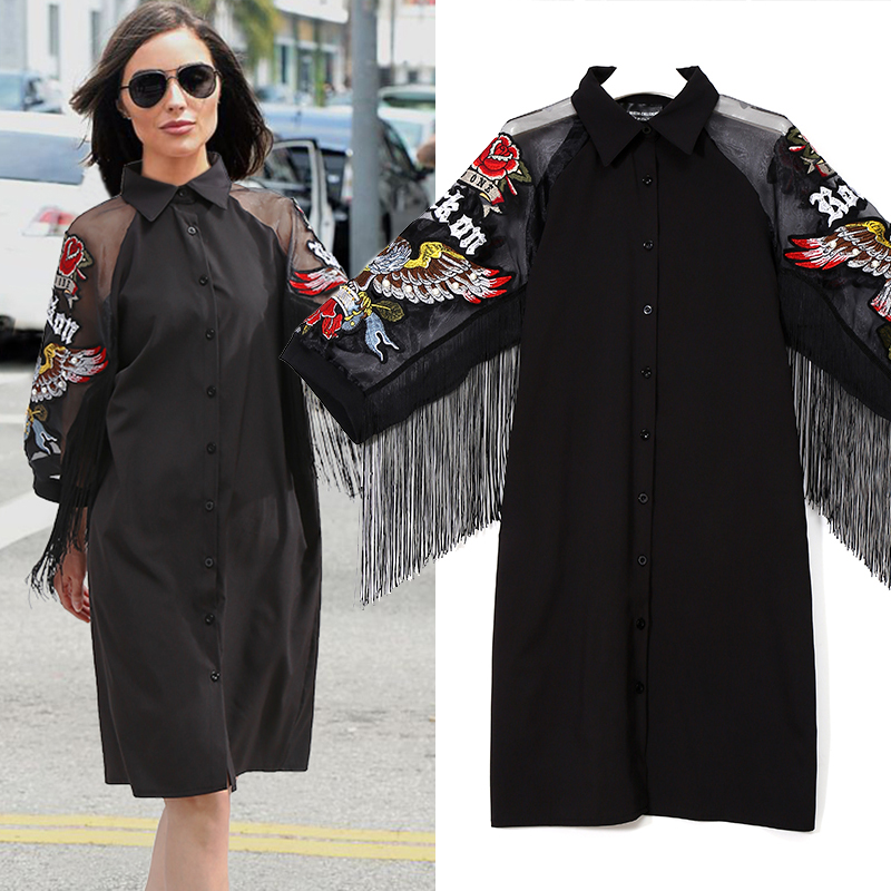 2021new woman plus size black casual shirt dress 3/4 mesh sleeves eagle embroidery fringe ladies midi straight party dress robe 3398, Black;gray
2021new woman plus size black casual shirt dress 3/4 mesh sleeves eagle embroidery fringe ladies midi straight party dress robe 3398, Black;gray