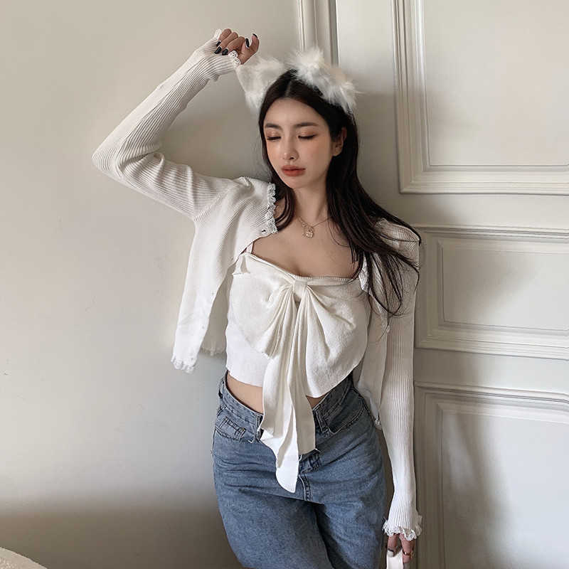 Spring Knitted Cardigan Women Sets Lace Patchwork Knitwear Coat + Sweet Bowknot Slim Baisc Sling Vest Korean Suit 6G396 210603