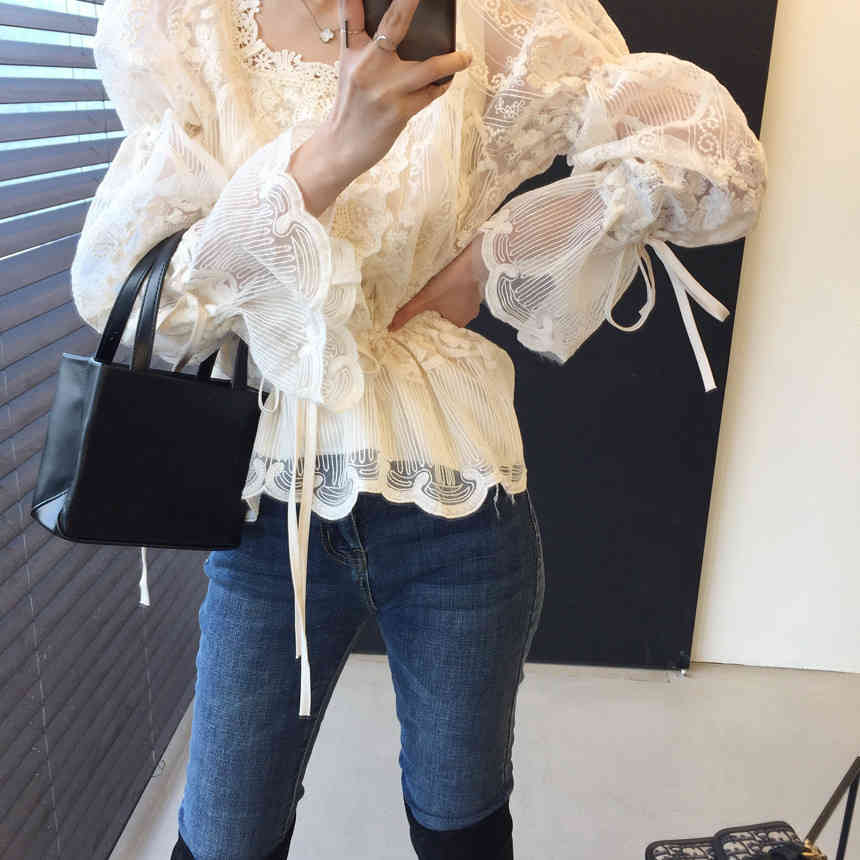 Nomikuma Korean Lace Hook Blouses Lace Up Slim Waist Flare Long Sleeve Shirt Autumn Chic Square Collar Blusas Mujer 6D109 210427