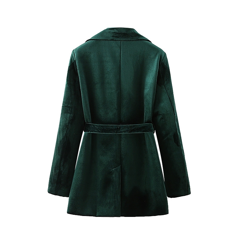 Elegant Women Dark Green Velvet Blazers Fashion Ladies Sashes Cross Coats Streetwear Female Chic Pocket Jackets 210527