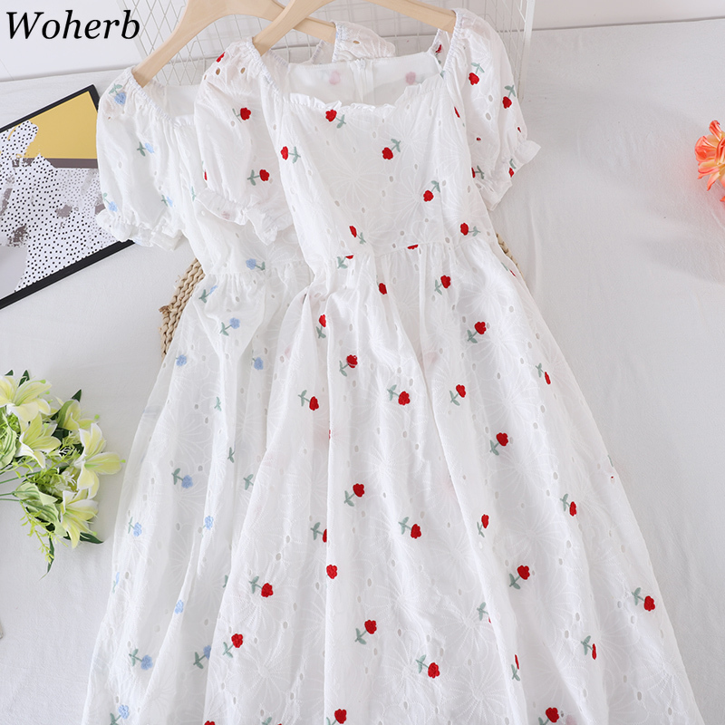 Elegant Embroidery Dress Women Summer Slim Temperament Square Collar Vestidos High Waist Sweet Short Sleeve Dresses 210519