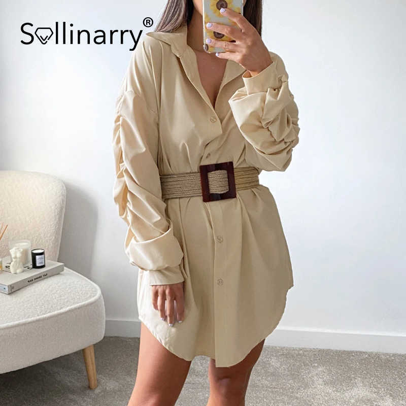 Sollinarry High street pleated lantern sleeves lace up women dress Buttons solid loose mini dresses Elegant long sleeves vestido 210709