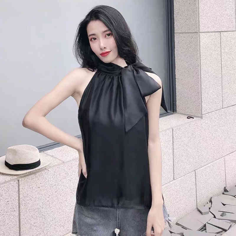 Lace Up Bowknot Casual Shirt For Women Stand Collar Sleeveless Minimalist Blouse Female Fashion Clothing 210524
