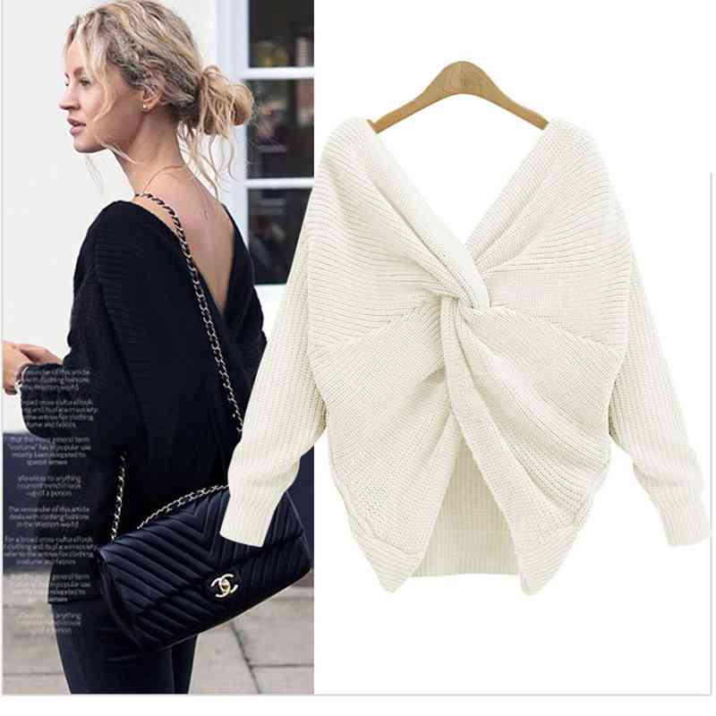 Autumn Fashion Sexy Irregular Criss-cross Reversible Sweater For Women Ladies Deep V-neck Pullover Knit Tops Lazy Oaf Streetwear 210514