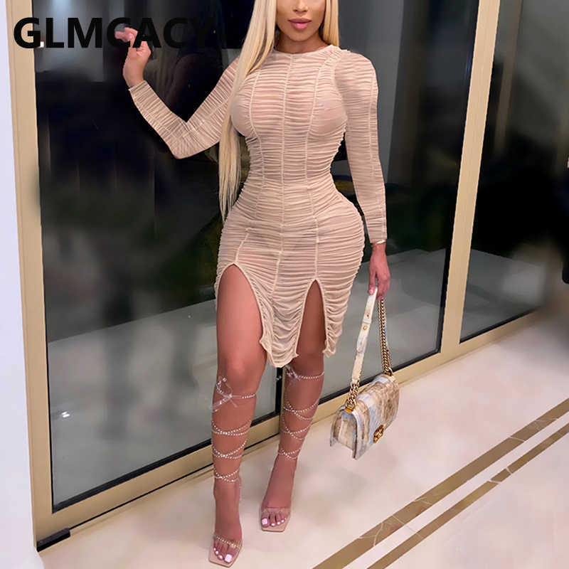 Women Long Sleeve Ruffle Hem Ruched Slit Dress Sexy Club Party Dress 210702