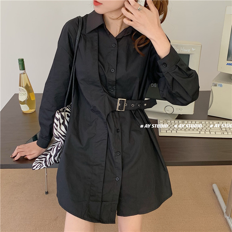Korean Cotton Loose Long Shirt Women Full Sleeve Single-breasted Belted Blouses Solid Fashion High Street Female Blusas Tops 210514
