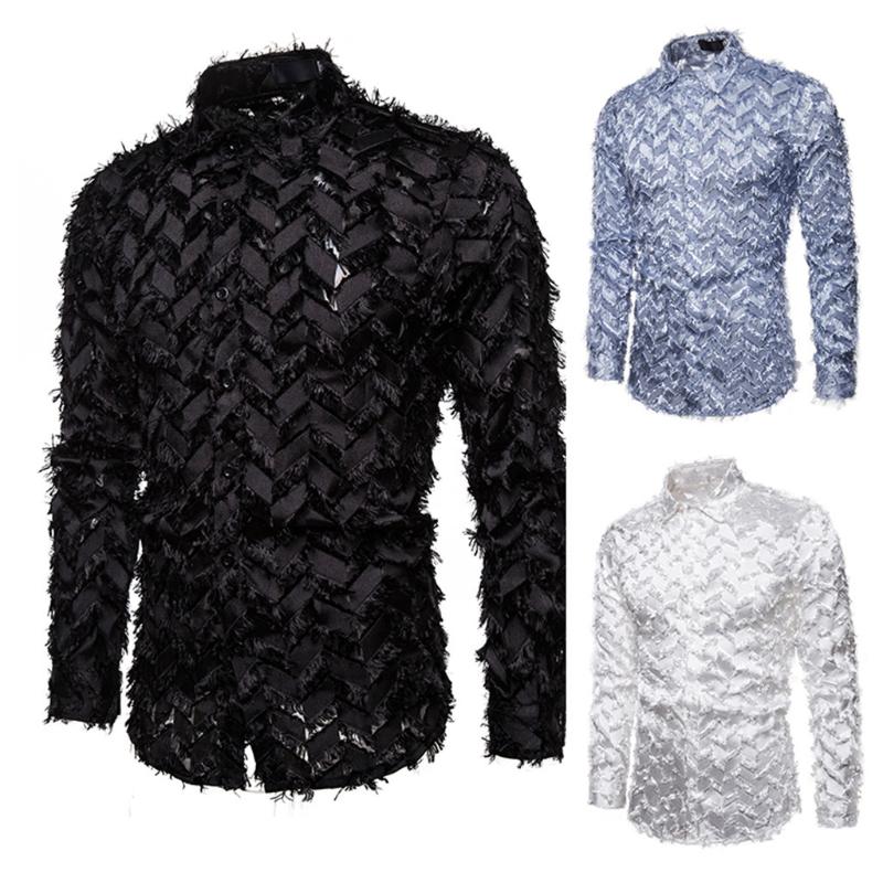 Fashion Men Shirts Vintage Floral Plume Long Sleeve Loose Luxury Designer Man Clothing Black White Casual Men's