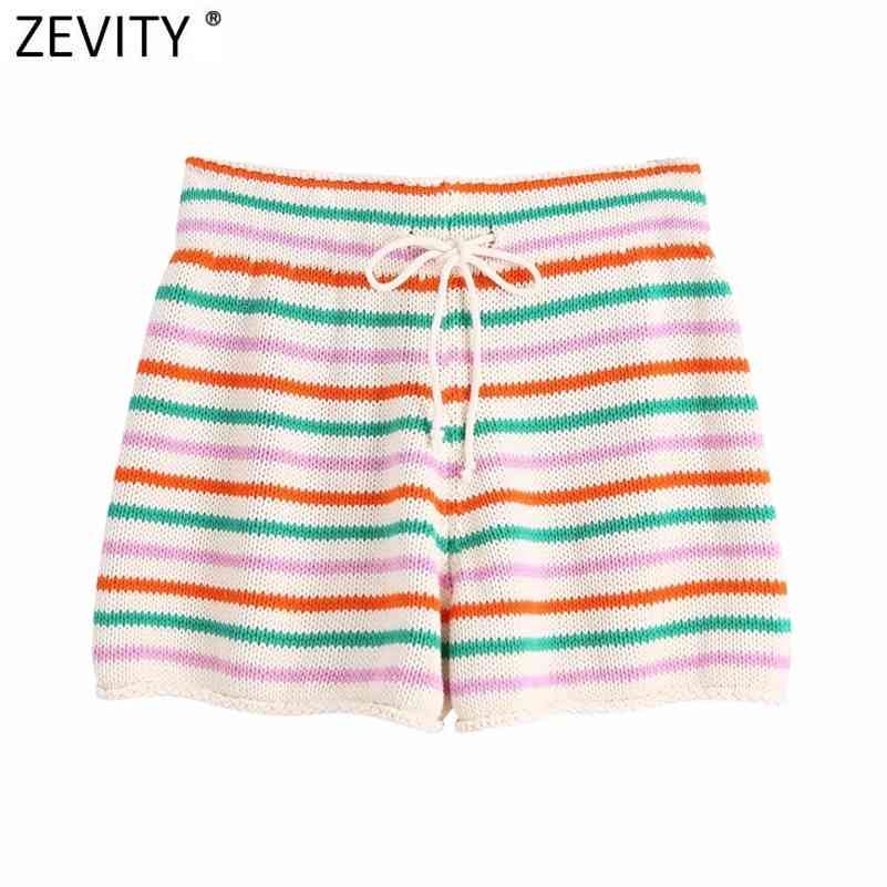 Zevity Women Fashion Colorful Striped Knitting Summer Shorts Femme Chic Lace Up Waist Casual Pantalone Cortos P1112 210625