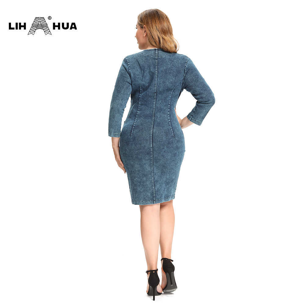 LIH HUA Women's Plus Size Denim Dress High Flexibility Slim Fit Dress Casual Woven Dress 210630