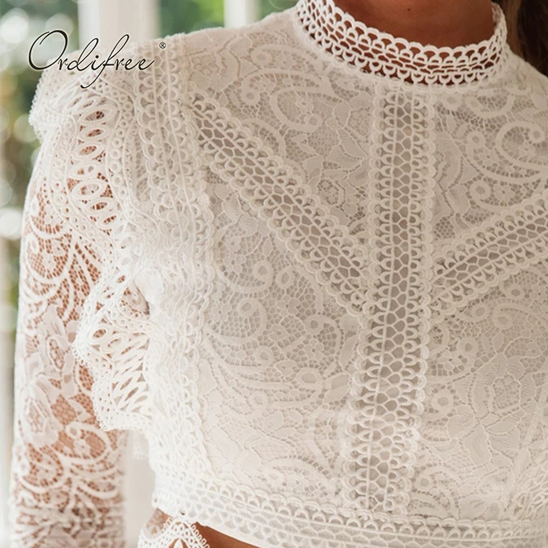 Ordifree 2021 Summer Women White Lace Blouse Short Sexy Tops Long Sleeve Ruffle Blouse Shirt 210317