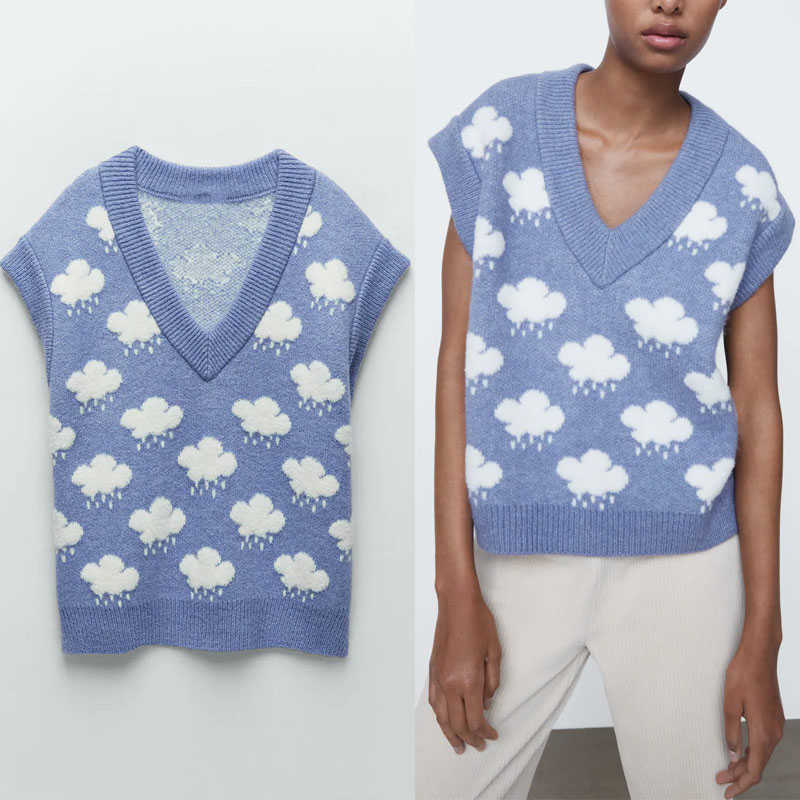 ZA Jacquard Knit Blue Vest Women V Neck Retro Fitted Sweater Woman Fashion Sleeveless Rib Knitted Tops 210602
ZA Jacquard Knit Blue Vest Women V Neck Retro Fitted Sweater Woman Fashion Sleeveless Rib Knitted Tops 210602