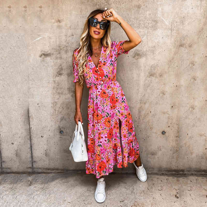 Women Dress Printed Bohemia es Sexy Long Print Floral Maxi Short Sleeve Split Ruffles es Summer 210513