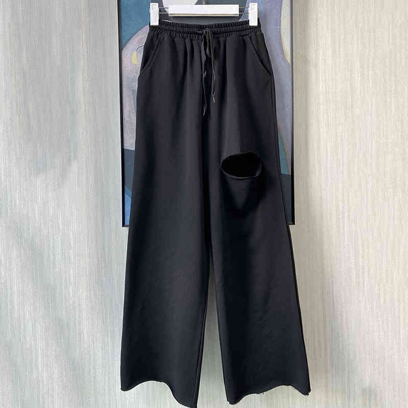 Casual Asymmetrical Women Full Length Pants High Waist Lace Up Bow Ripped Hole Wide Leg Pant For Female Clothes 210521