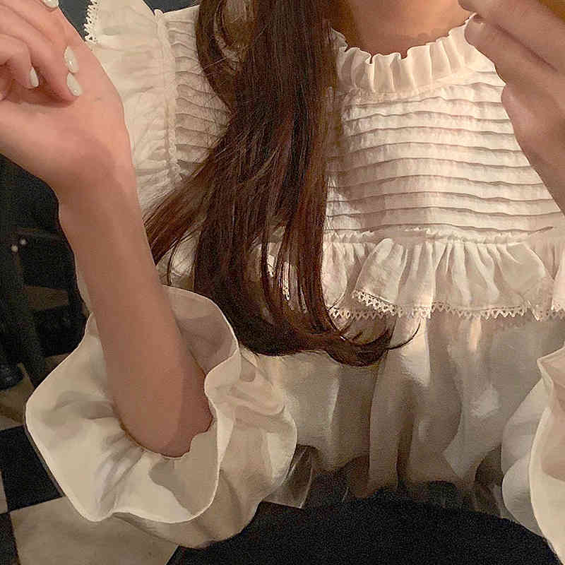 Nomikuma Sweet Stand Neck Women Blouse Korean Ruffle Patchwork Shirt Spring New Flare Long Sleeve Causal Blusas Mujer 6D770 210427