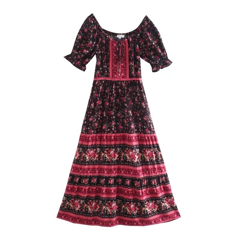 Bohemian Bandage Adjust Slash Collar Floral print Dress BOHO Holiday Woman Short Sleeve off Shoulder Long Dresses 210429