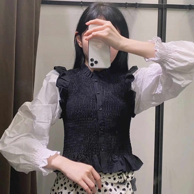 Woman Contrast Color Splicing Elastic Shirt Femme Puff Sleeve Slim Blouse Casual Lady Short Tops Smock Blusas S8007 210317